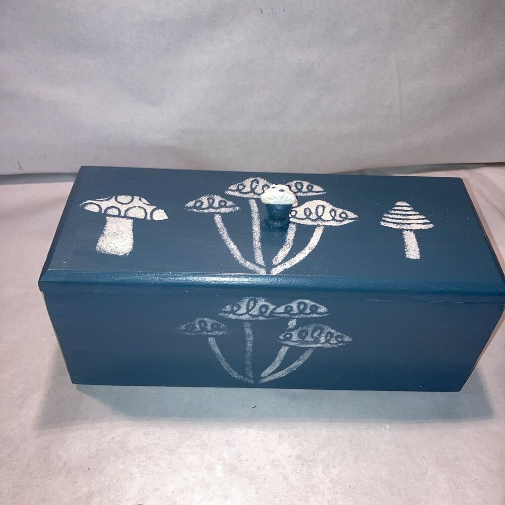 Vintage Wood Box Blue Chest With Stenciled Mushrooms And A Resin Mushroom Knob